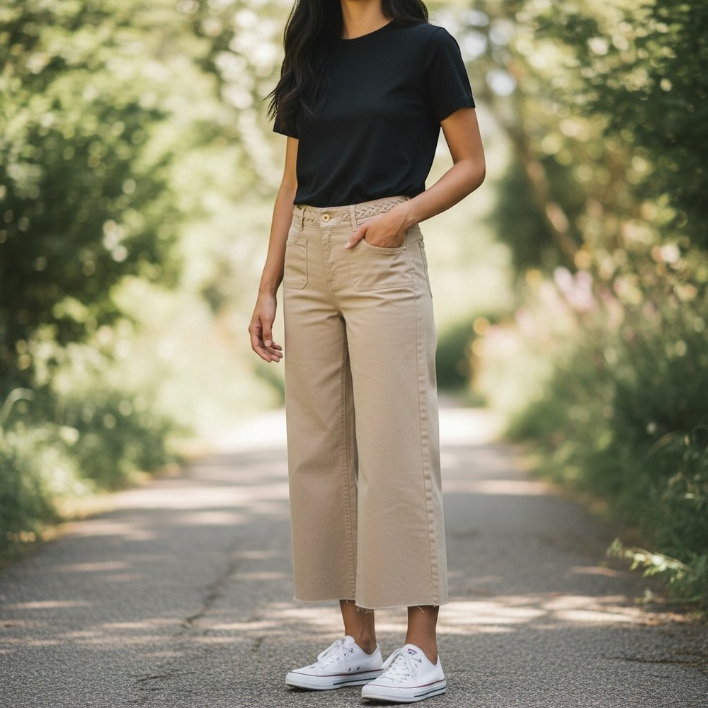 OAT New York Pants Women 4/27 High Rise Wide Leg Cropped Braided Waistband NWT